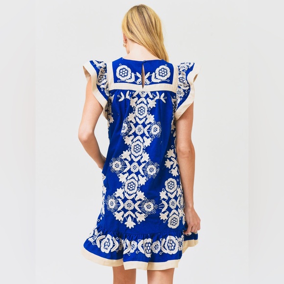 Sea NY Manuela Flutter Sleeve tunic dress S Blue Embroidered Linen New no tags - Picture 3 of 8